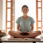 **A serene individual meditating before the TOEFL exam, bathed in soft light, visualizing success with a confident smile. Background: Books and study materials with a calming color palette.** (Focuses on anxiety management and positive visualization)