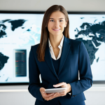 A confident professional businesswoman in a modest, dark business suit, standing in a modern, brightly lit office space. She holds a tablet displaying global market data, with a subtle, stylized world map visible on a background wall. Her posture is empowering and open, signifying new opportunities. The lighting is soft and professional, emphasizing success and global connectivity. safe for work, appropriate content, fully clothed, professional, perfect anatomy, correct proportions, natural pose, well-formed hands, proper finger count, natural body proportions, professional dress, modest clothing, high-resolution, sharp focus, professional photography.