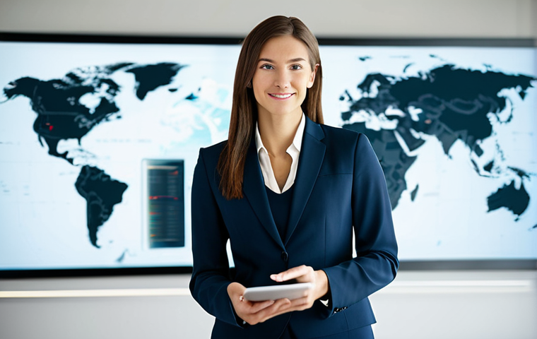A confident professional businesswoman in a modest, dark business suit, standing in a modern, brightly lit office space. She holds a tablet displaying global market data, with a subtle, stylized world map visible on a background wall. Her posture is empowering and open, signifying new opportunities. The lighting is soft and professional, emphasizing success and global connectivity. safe for work, appropriate content, fully clothed, professional, perfect anatomy, correct proportions, natural pose, well-formed hands, proper finger count, natural body proportions, professional dress, modest clothing, high-resolution, sharp focus, professional photography.