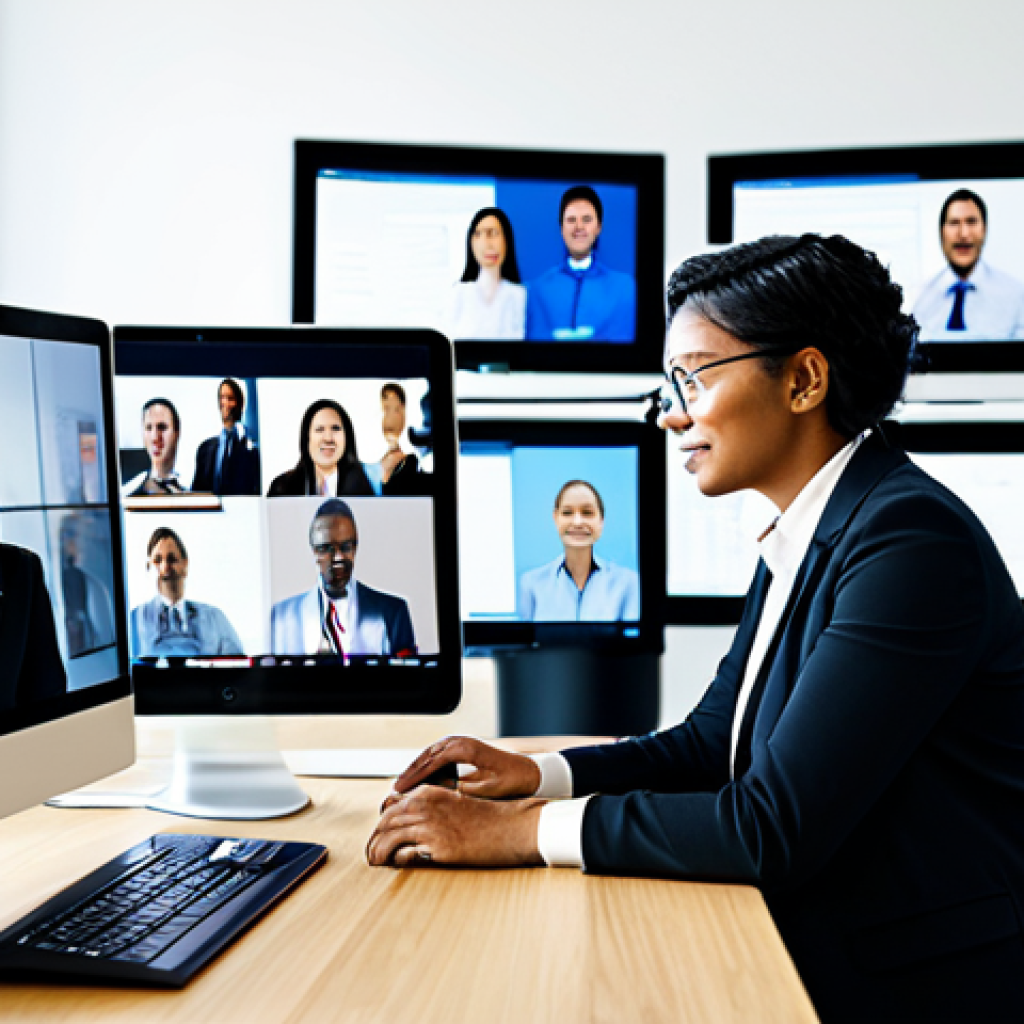 A confident, diverse professional (man or woman) in a modern, well-lit office, deeply engaged in a global video conference call. Multiple large screens behind them display clear, diverse faces of international team members, illustrating seamless cross-cultural communication. The atmosphere is collaborative and highly professional, showcasing the integration of technology in global business. The subject is fully clothed in a modest business suit, appropriate attire, with perfect anatomy, correct proportions, well-formed hands, and natural body proportions. This image is safe for work, appropriate content, and family-friendly, rendered with high-quality professional photography, natural lighting, and crisp detail.