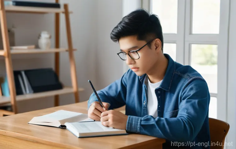TOEFL 실전 시험 당일 전략 - **Prompt 1: Focused Visualization Before an Important Exam**
"A young adult student, around 20 y...