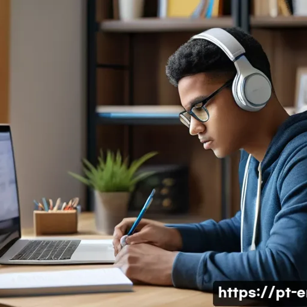 TOEFL 점수와 해외 유학 준비 - A focused young adult student studying in a cozy, modern home office with natural daylight coming th...