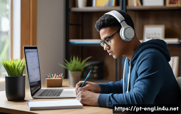 TOEFL 점수와 해외 유학 준비 - A focused young adult student studying in a cozy, modern home office with natural daylight coming th...