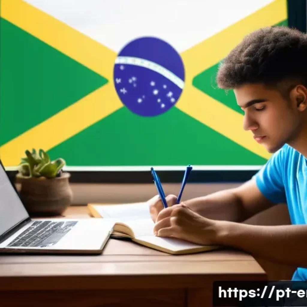 TOEFL Reading 고득점 비법 - A focused young Brazilian student sitting at a wooden desk in a cozy, sunlit room decorated with Bra...