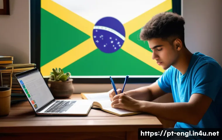 TOEFL Reading 고득점 비법 - A focused young Brazilian student sitting at a wooden desk in a cozy, sunlit room decorated with Bra...