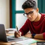 Home 22 TOEFL 독해 속도 향상 비법 - A focused young adult student of Brazilian descent sitting at a clean, modern desk in a cozy study r...