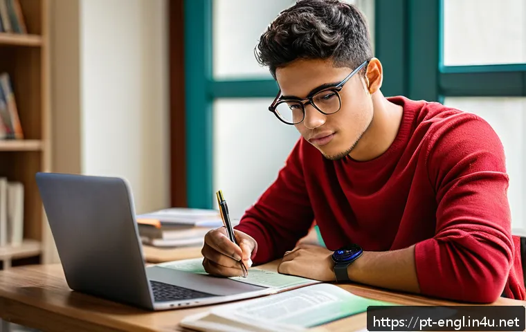 TOEFL 독해 속도 향상 비법 - A focused young adult student of Brazilian descent sitting at a clean, modern desk in a cozy study r...