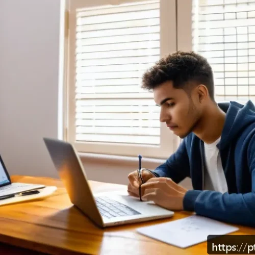 Home 33 TOEFL 공부 계획 세우기 - A focused young adult studying TOEFL at a cozy home workspace in Brazil, with a laptop open to an on...