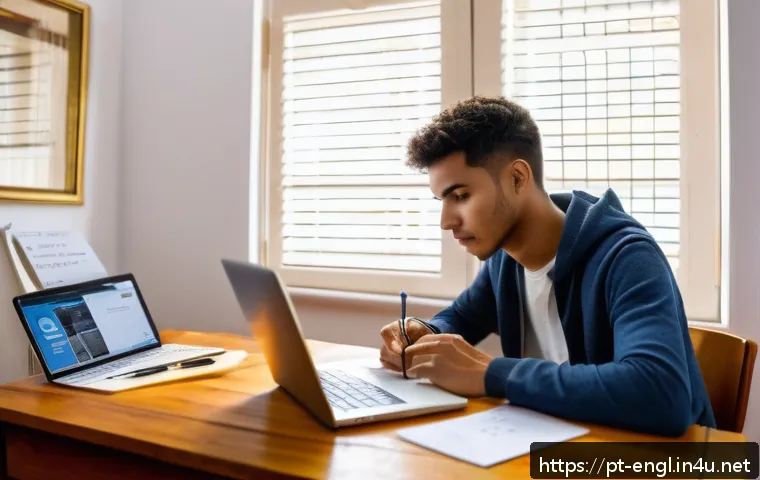 TOEFL 공부 계획 세우기 - A focused young adult studying TOEFL at a cozy home workspace in Brazil, with a laptop open to an on...