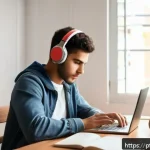 Home 20 TOEFL Speaking 고득점 전략 - A modern study room with a young adult of Brazilian descent sitting at a wooden desk, focused on pra...