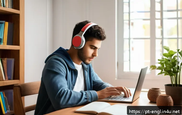 TOEFL Speaking 고득점 전략 - A modern study room with a young adult of Brazilian descent sitting at a wooden desk, focused on pra...