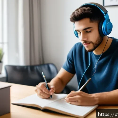 Home 31 TOEFL Listening 준비 요령 - A focused young adult studying TOEFL listening skills at a modern desk in a cozy, well-lit home offi...