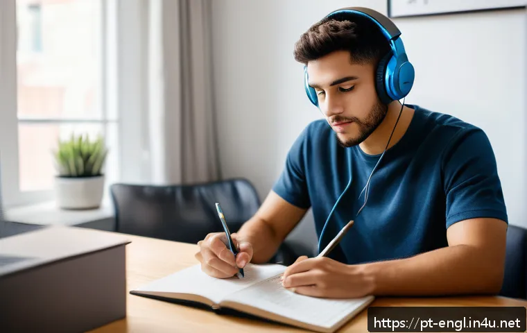 TOEFL Listening 준비 요령 - A focused young adult studying TOEFL listening skills at a modern desk in a cozy, well-lit home offi...