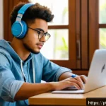 Home 18 TOEFL 고득점 전략 - A focused young adult Brazilian student sitting at a neat desk in a cozy home study room, using a la...