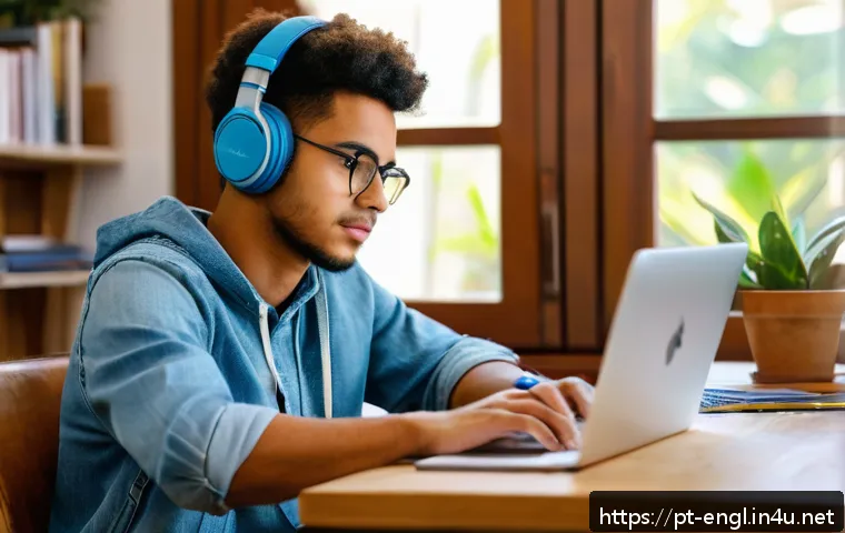 TOEFL 고득점 전략 - A focused young adult Brazilian student sitting at a neat desk in a cozy home study room, using a la...
