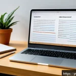 Home 23 TOEFL Essay 작성 팁 - A modern study desk setup with a laptop displaying a TOEFL essay draft on screen, surrounded by neat...