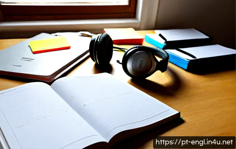 Home 15 TOEFL 공부 재료 추천 - Photorealistic study desk scene for TOEFL preparation, an adult Portuguese-speaking student in Lisbo...